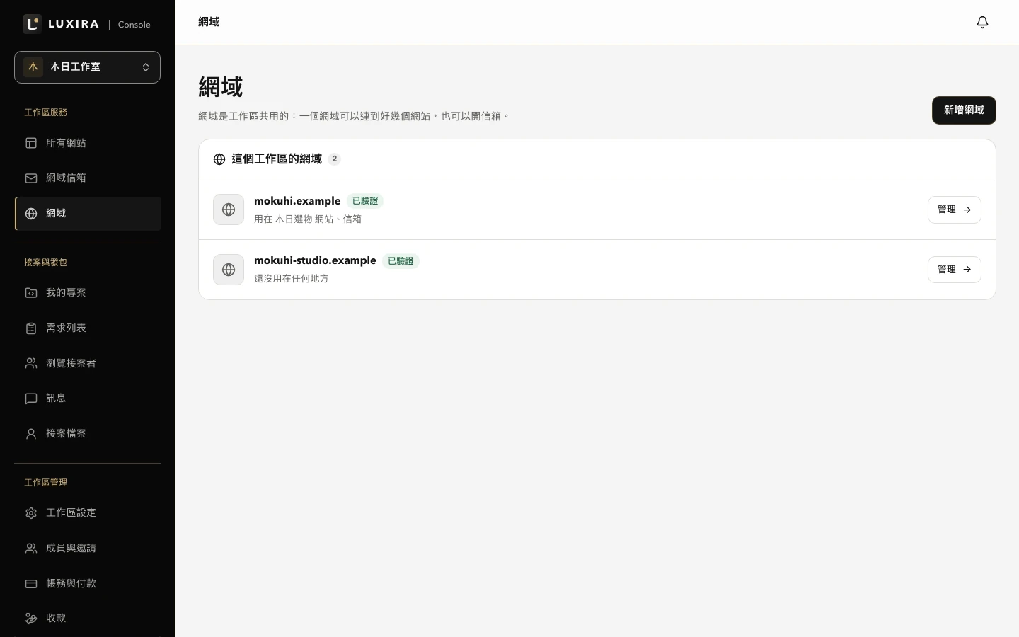 實際 Console 網域管理介面，可查看網域、DNS 與服務狀態