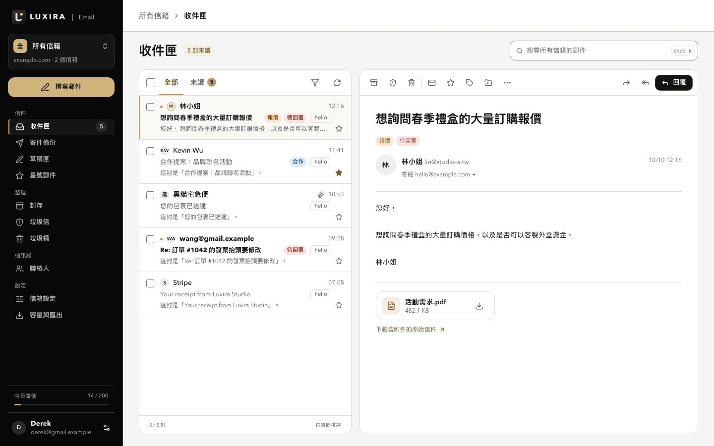 實際品牌信箱介面，包含收件匣、郵件閱讀與回覆入口
