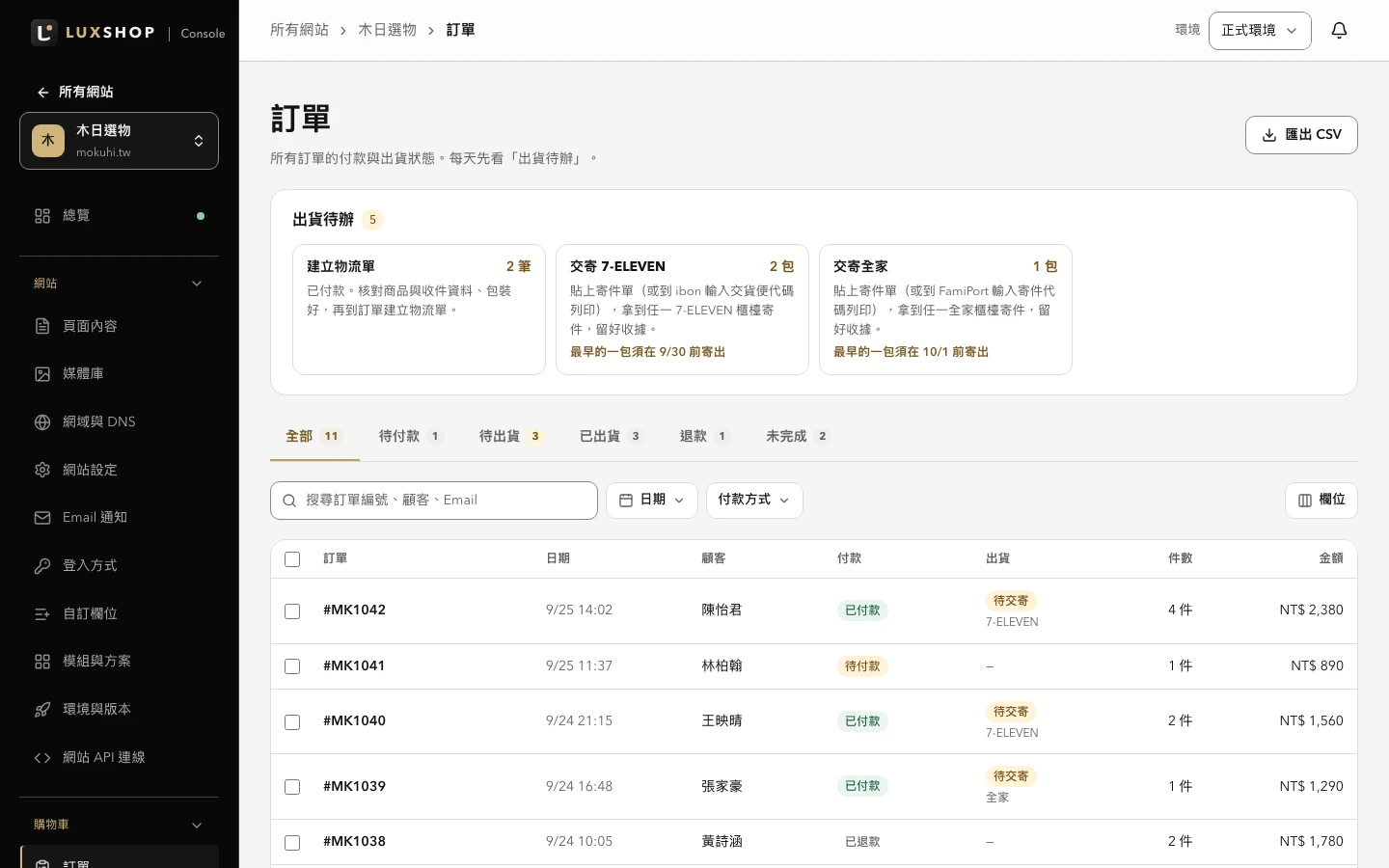 實際 Console 訂單頁：出貨待辦把要建物流單、要交寄 7-ELEVEN 與全家的包裹整理在一起，下方列出每筆訂單的付款與出貨狀態